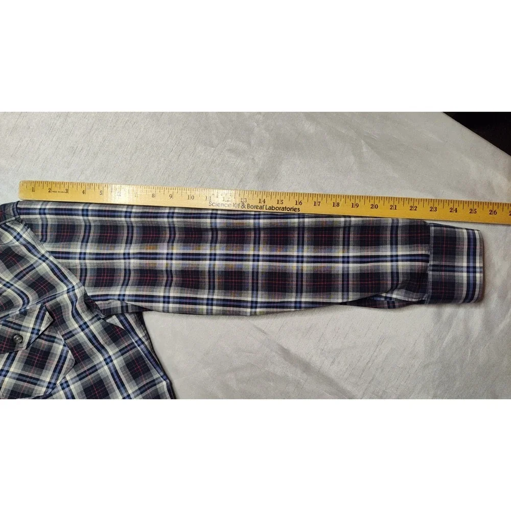 Banana Republic Men Large 16-16.5 Blue Gray Plaid Cotton Blend Button‎ Shirt